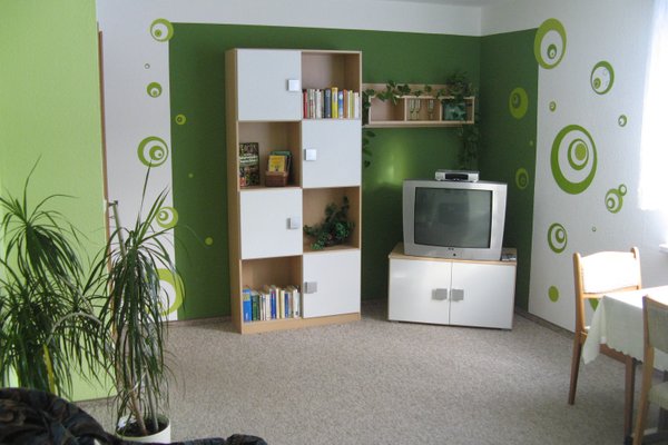 Bücherregal und Fernseher im Wohnzimmer